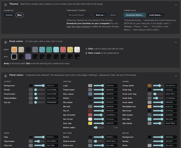 Oxo Sample Theme editor: themes, knob colors and panel colors