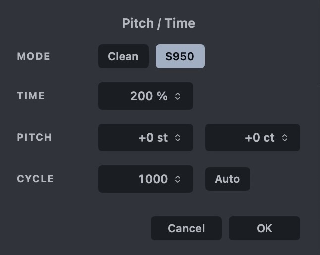Pitch / Time dialog in S950 mode