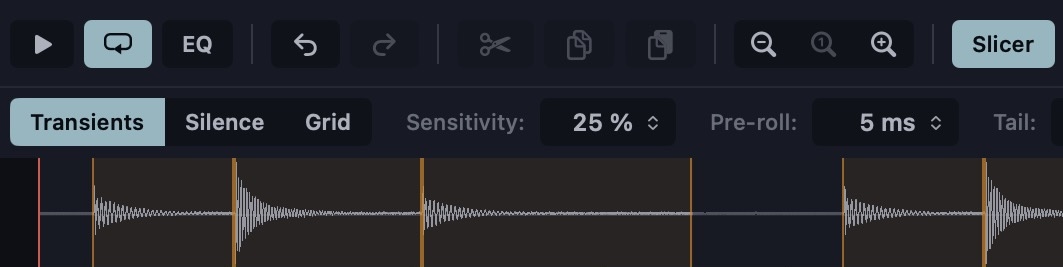 Slicer bar: transients, silence or grid, with the slices drawn on the wave