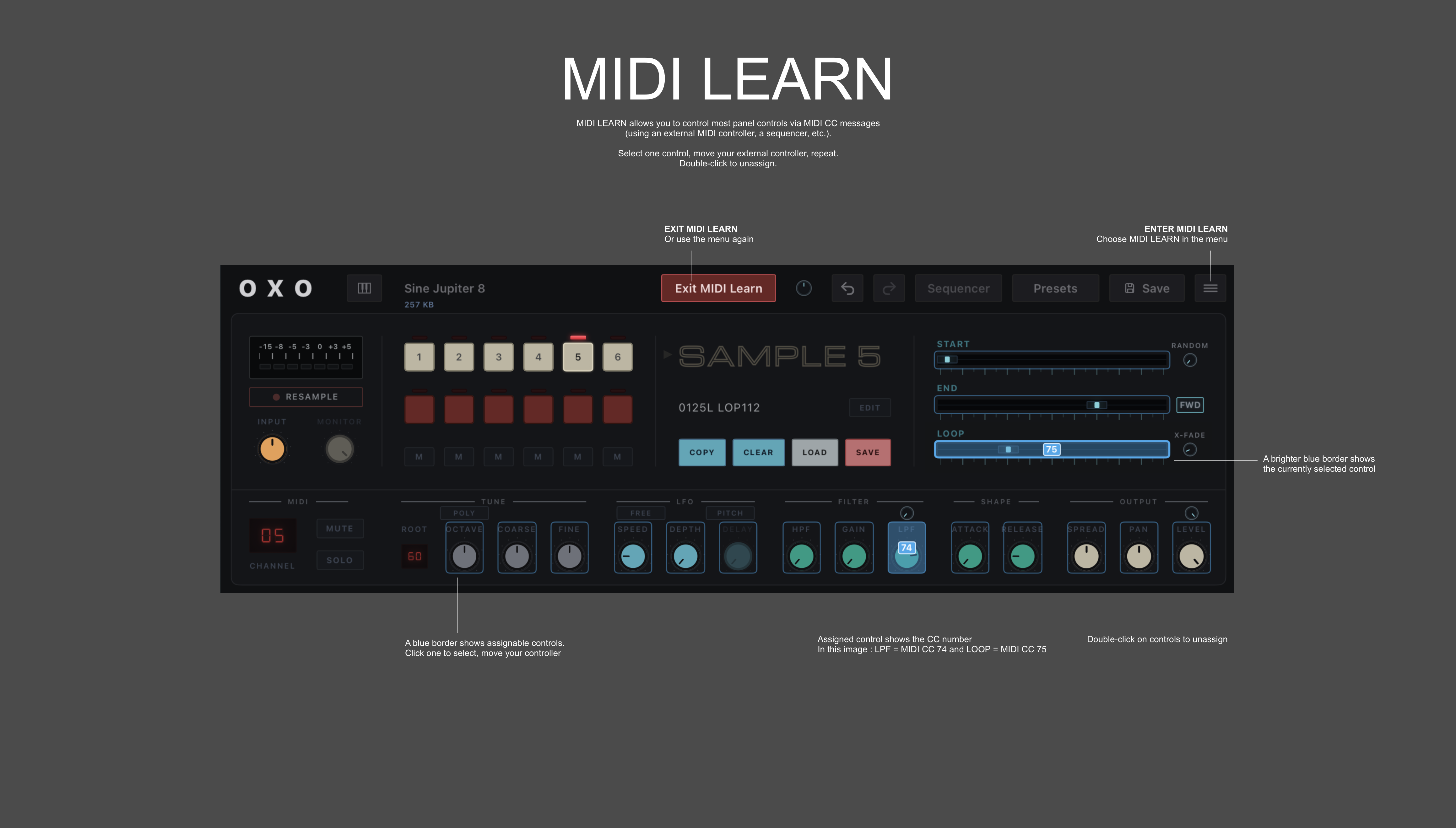 Oxo Sample manual screenshot: MIDI Learn page