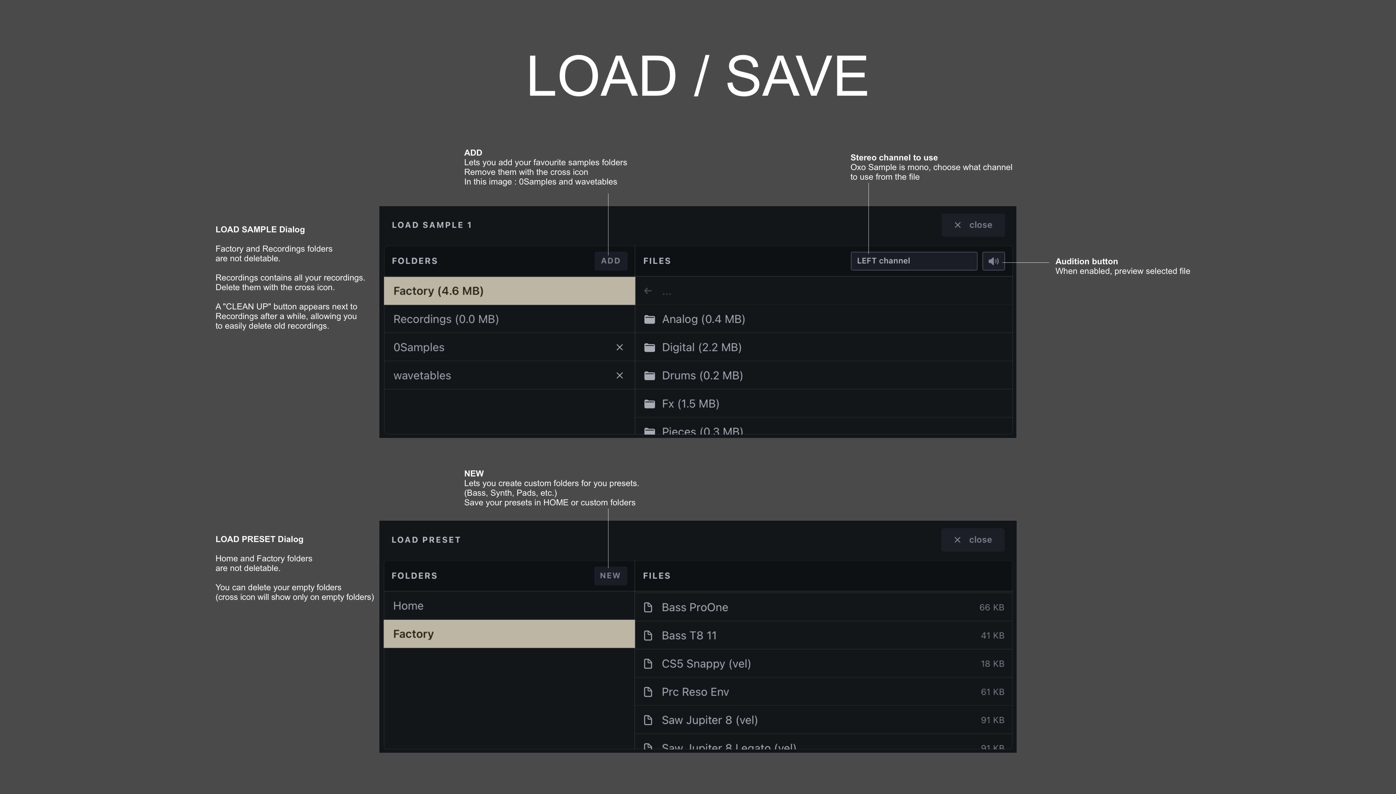 Oxo Sample manual screenshot: load and save page