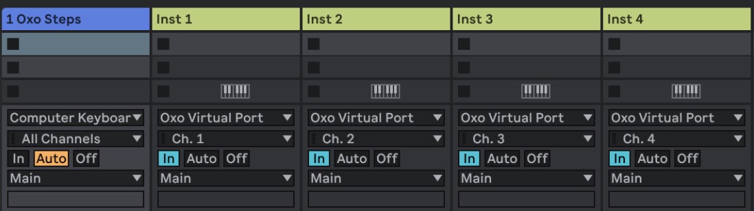 Ableton Live track set to Oxo Virtual Port as MIDI input, with a MIDI channel selected