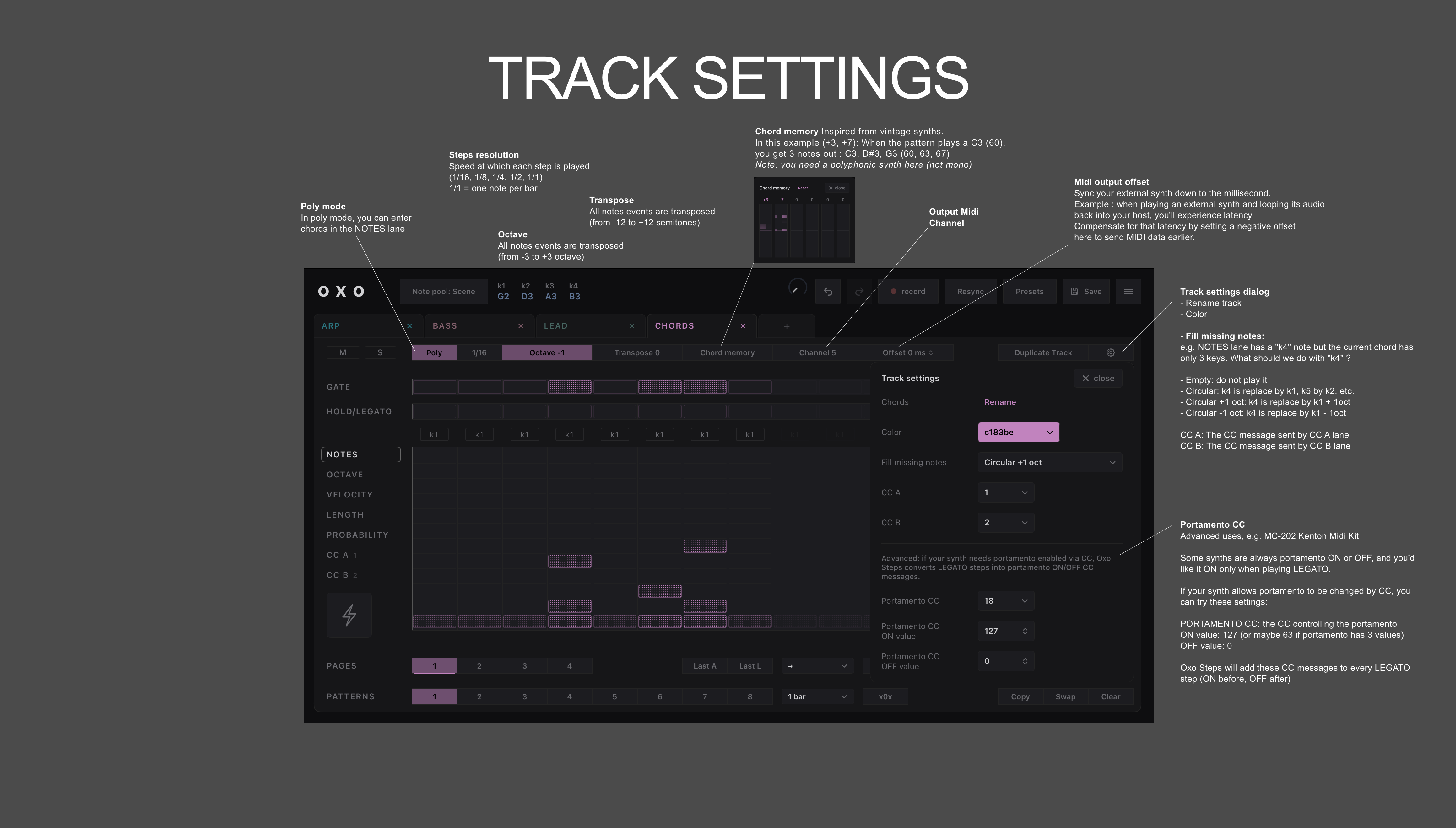 Oxo Steps manual screenshot: track settings page