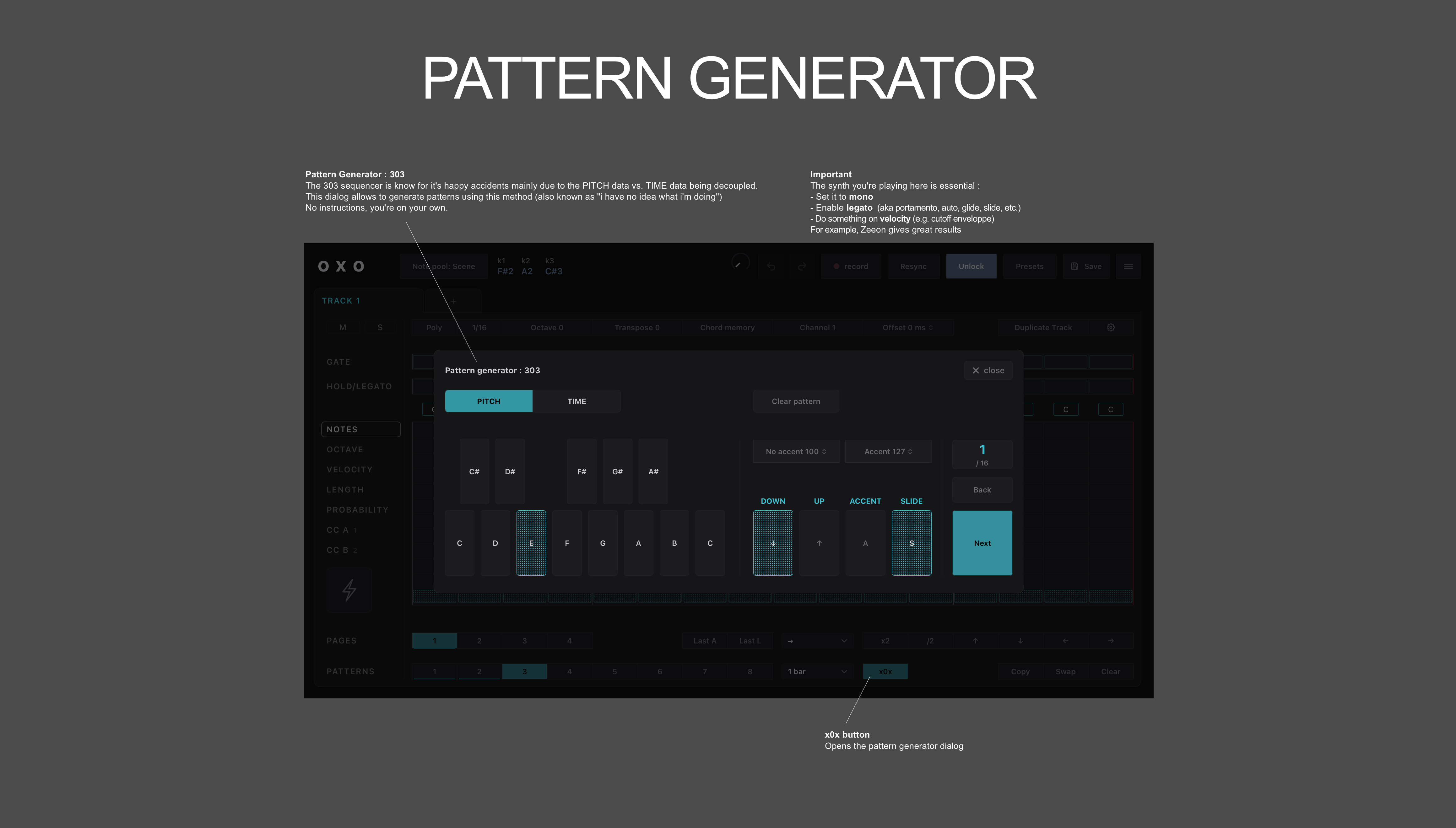 Oxo Steps manual screenshot: pattern generator page